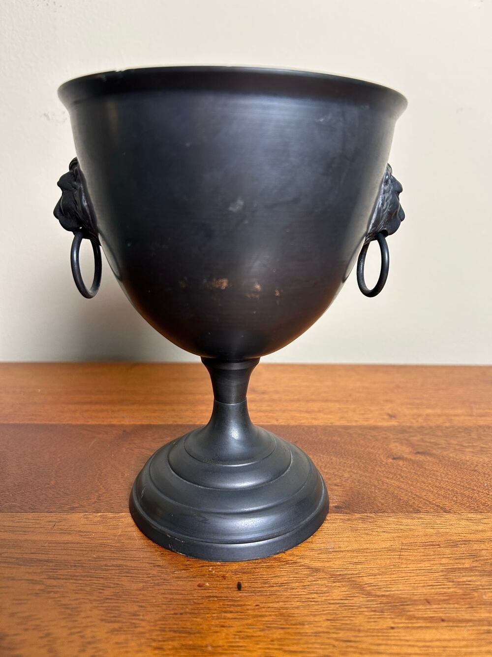 Vintage Lion Head Pedestal Bowl, Metal Urn Compote, Decorative Centerpiece
